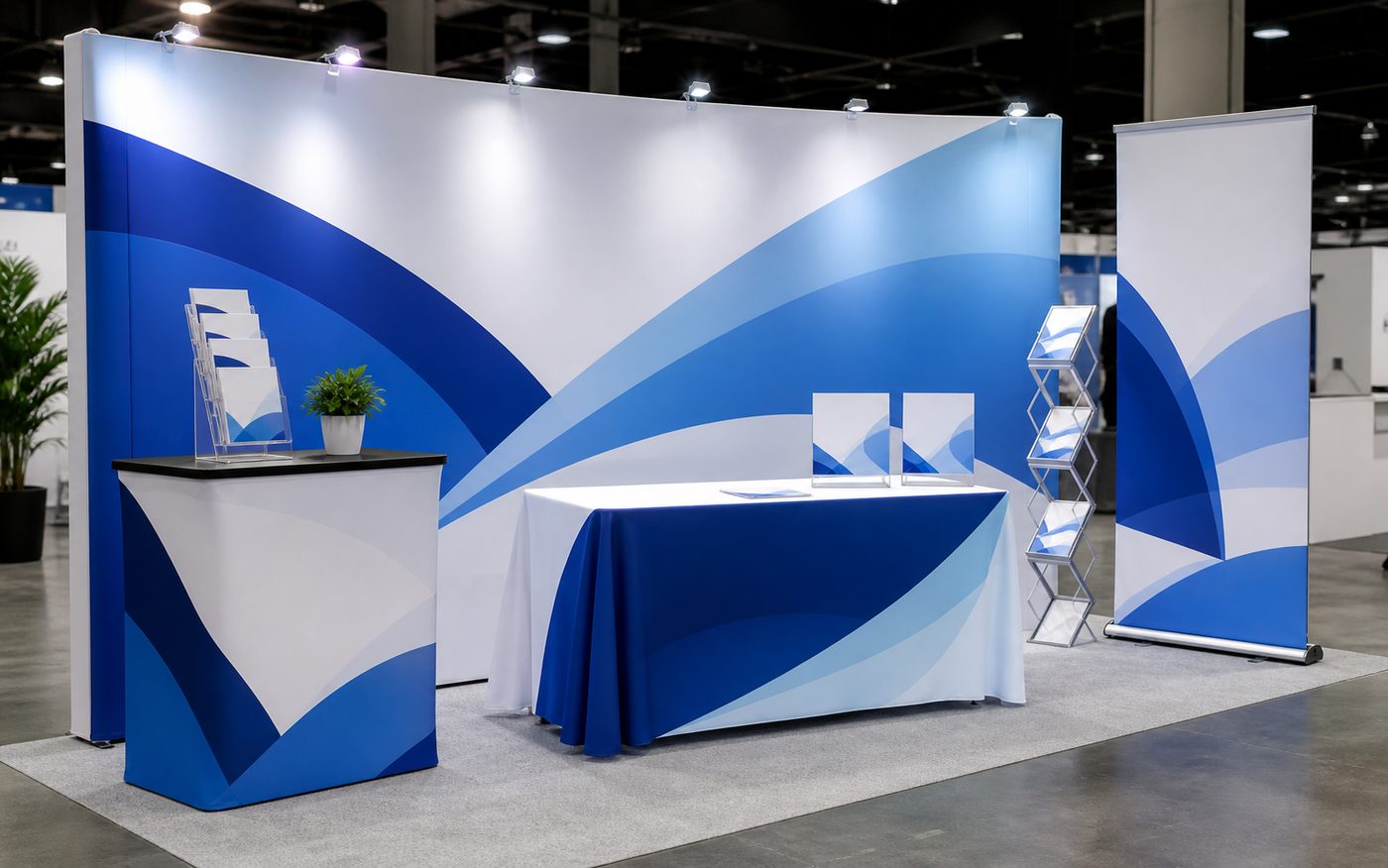Coordinated trade show booth display kit with backdrop counter table and banner