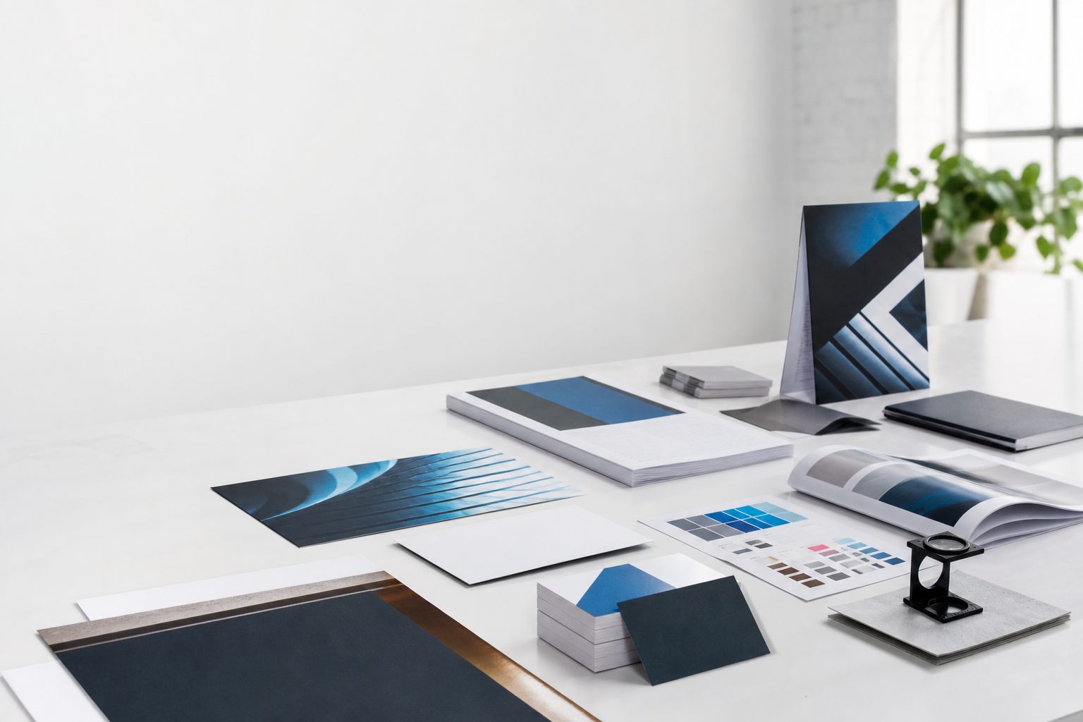 Premium printed business cards, flyers, and marketing materials on a clean worktable
